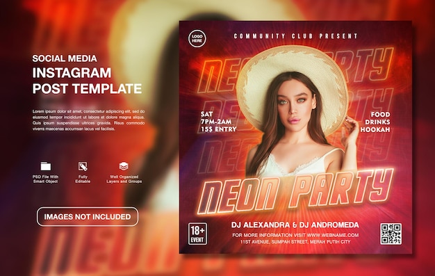 Creative dj neon party promotion instagram post template