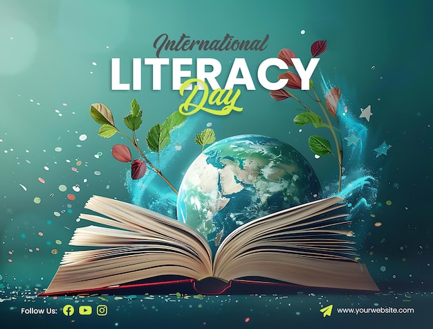 PSD creative international literacy day banner backgrounds with manipulation of globe and book