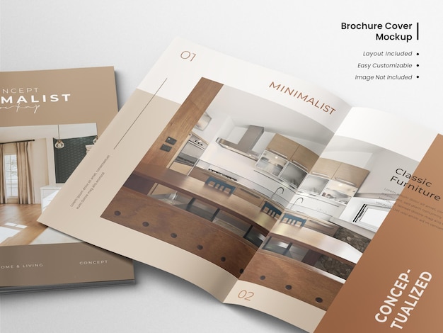 Creative and minimalist modern spread close up view of brochure or magazine catalog mockup with template layout design