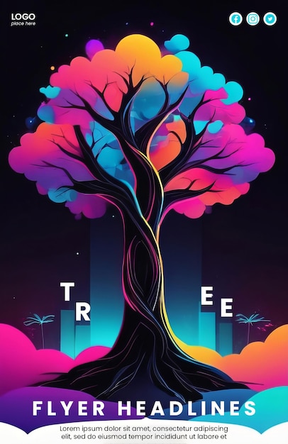 Creative poster with abstract neon tree design