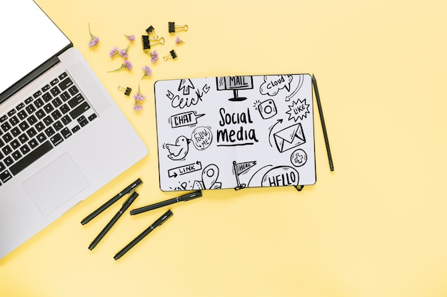 Creative social media and internet mockup with laptop keyboard