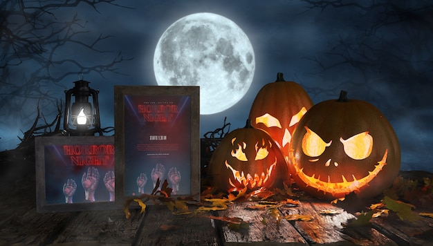 Creepy halloween arrangement with scary pumpkins and framed horror posters