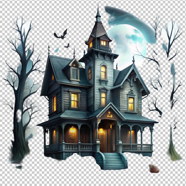 PSD creepy haunted ghost house scene illustration