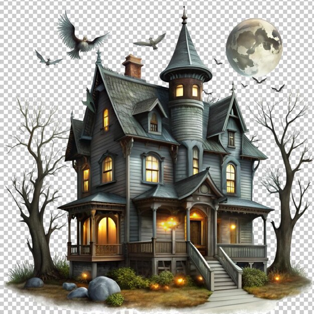 PSD creepy haunted ghost house scene illustration