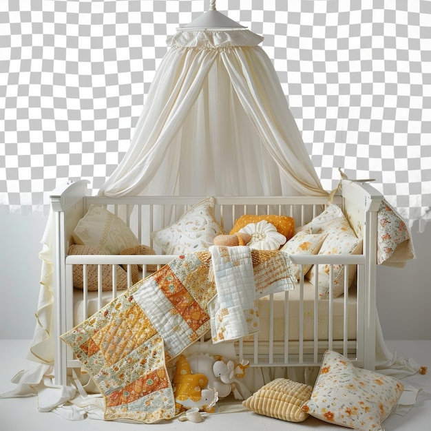 a crib with a white canopy that has a white canopy over it