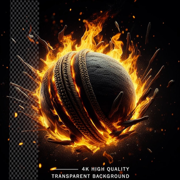 Cricketball with fire flame 3d rendering on transparent background