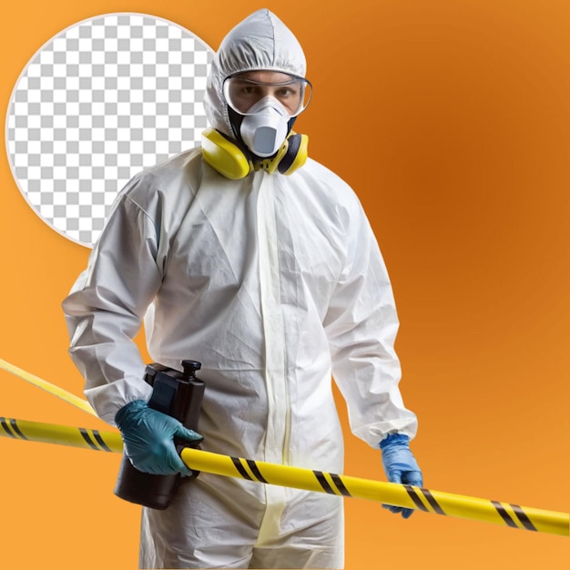 PSD crime scene cleaner in white biohazard suite