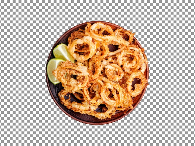 Crispy fried onion rings with limes slices on a plate with transparent background