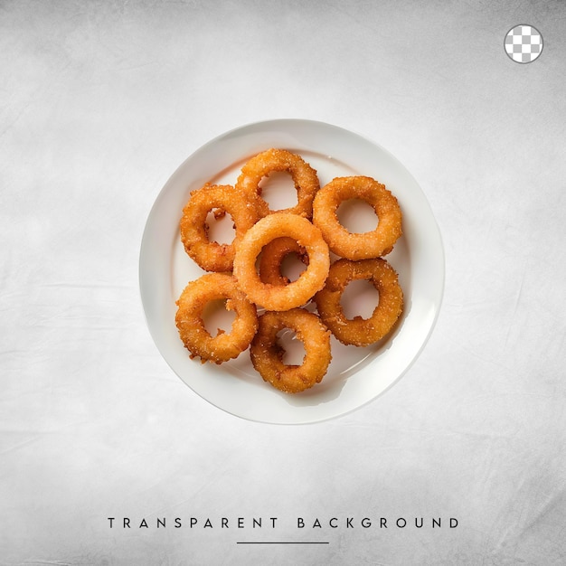 Crispy golden onion rings on a white plate isolated on transparent background