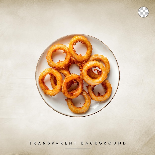 Crispy golden onion rings on a white plate isolated on transparent background