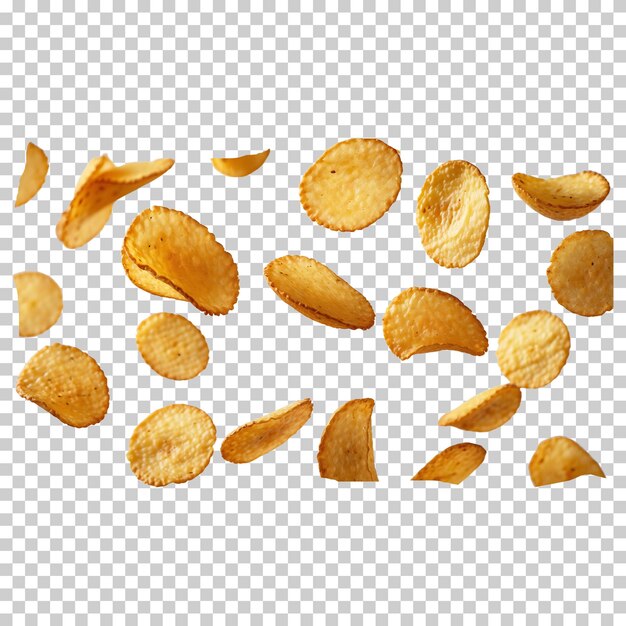 Crispy potato chips flying isolated on a transparent background