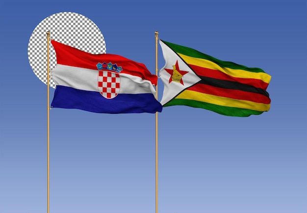 Croatia and Zimbabwe Wavy Flags Together Bilateral Relations 3D Rendering