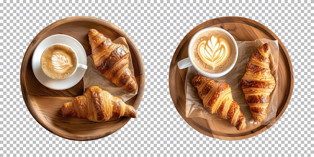 PSD croissant with a cup of latte coffee on wooden plate on transparent background top view cut out png