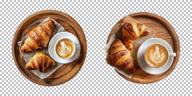 PSD croissant with a cup of latte coffee on wooden plate on transparent background top view cut out png