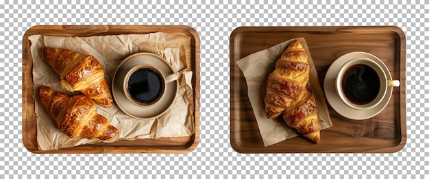 croissants with cup of black coffee on wooden plate on transparent background top view cut out PNG