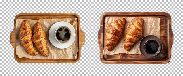 croissants with cup of black coffee on wooden plate on transparent background top view cut out PNG