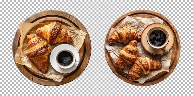 PSD croissants with a cup of black coffee on a wooden plate transparent background top view cut out png