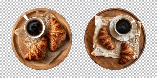 PSD croissants with a cup of black coffee on a wooden plate transparent background top view cut out png