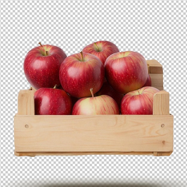 PSD crop of ripe red apples in a wooden crate isolated on transparent background