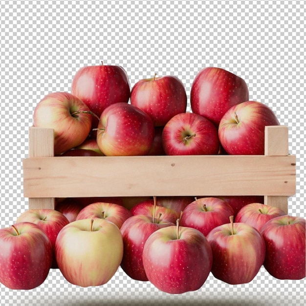 PSD crop of ripe red apples in a wooden crate isolated on transparent background