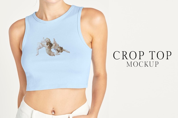 PSD crop tank top mockup, baby blue cute design psd