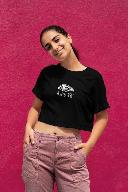 Crop top mockup psd black design womens casual wear fashion