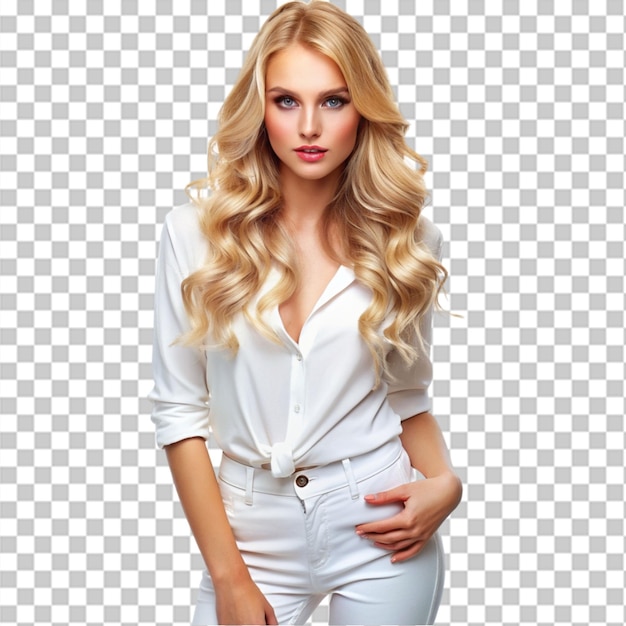 PSD cropped image of stylish blonde woman in on transparent background