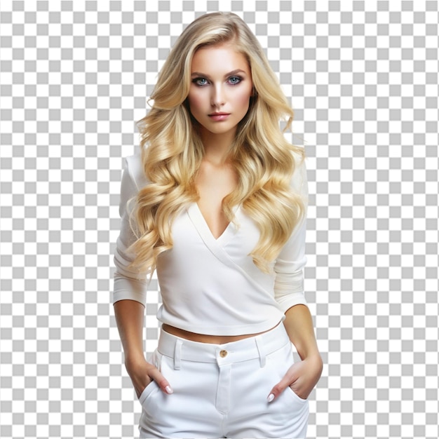 PSD cropped image of stylish blonde woman in on transparent background