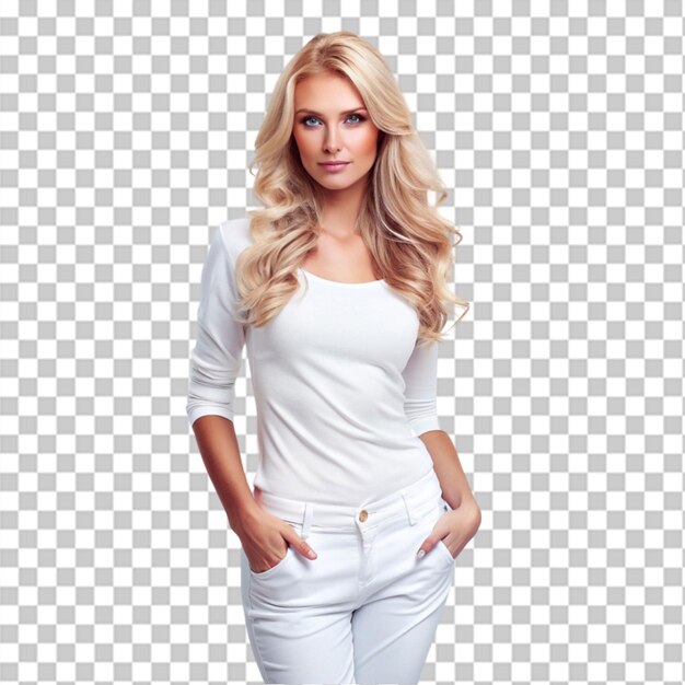 cropped image of stylish blonde woman in on transparent background