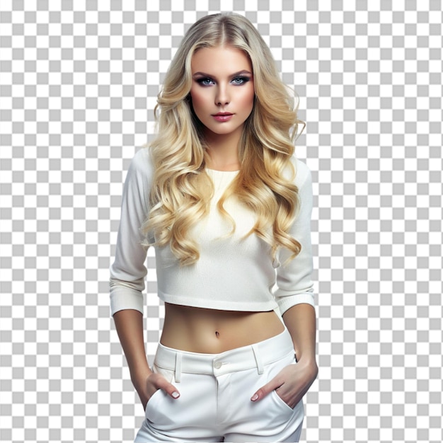 PSD cropped image of stylish blonde woman in on transparent background