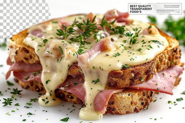 PSD croque monsieur a toasted ham and cheese sandwich topped on transparent background