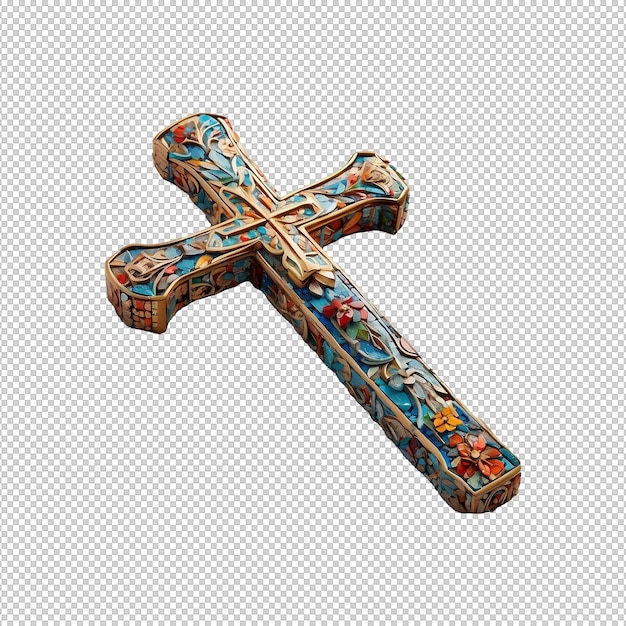 PSD a cross embellished with intricate mosaic patterns on isolated transparent background