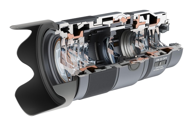 PSD cross section of camera lens view 3d rendering isolated on transparent background