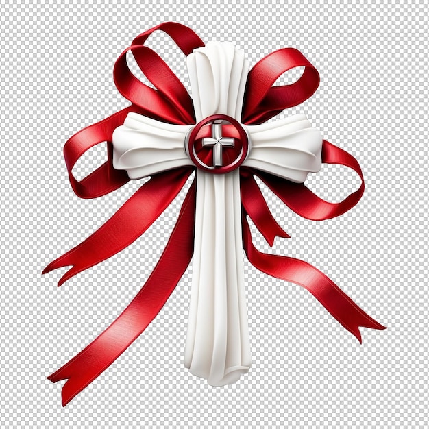 A cross wrapped in a crimson ribbon on isolated transparent background