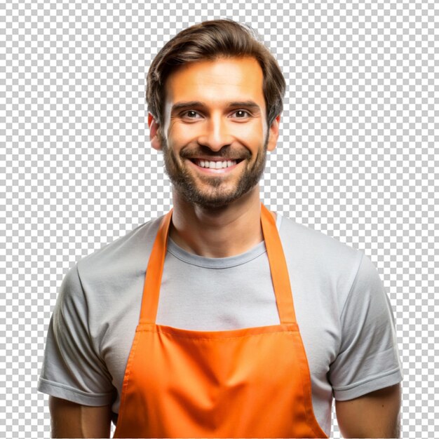 PSD crossed arms young man in apron smiling looking at camera on transparency background psd