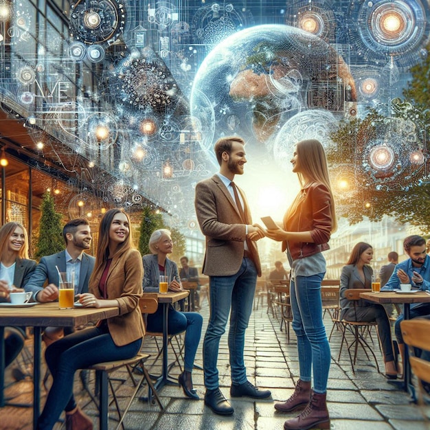 Crowd of european People Friends meeting and greeting in a urban street cafe