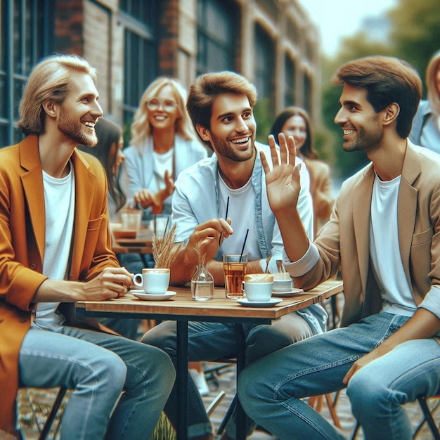 PSD crowd of european people friends meeting and greeting in a urban street cafe