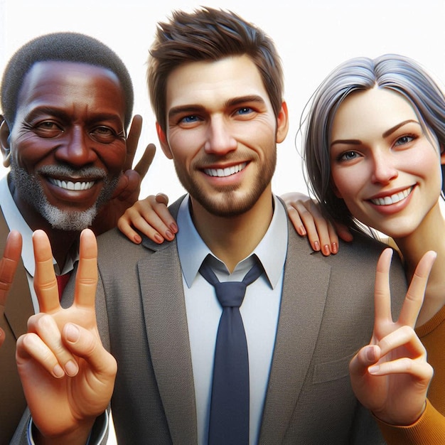 PSD crowd of european people with standing togehter and smiling while hands up and peace sign