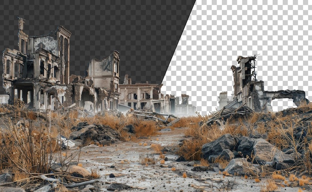 Crumbling buildings amidst dry grass and rubble in a postapocalyptic landscape cut out stock png