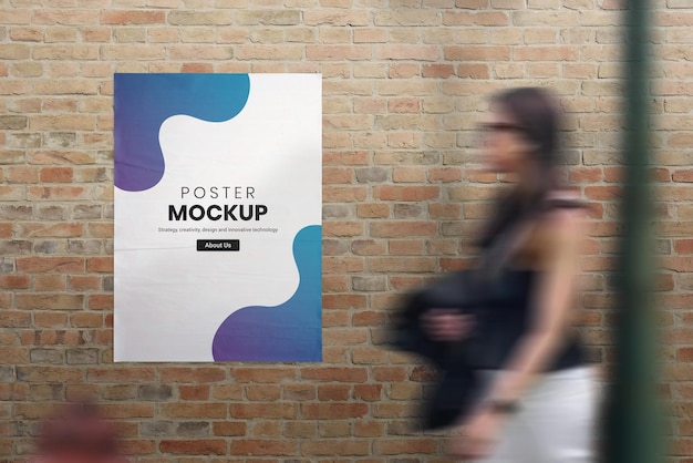 Crumpled poster on street brick wall mockup