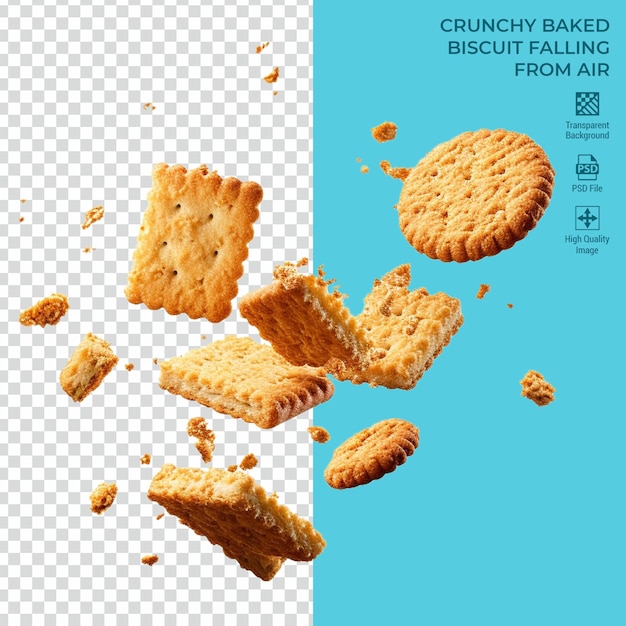 PSD crunchy baked biscuit falling from air isolated on transparent background psd