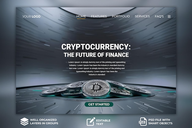 PSD cryptocurrency home page template design