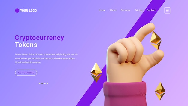 Cryptocurrency landing page website with 3d hand gesture and ethereum icons