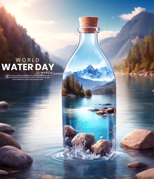 PSD crystal bottle filled with clean water splash on the inside with a river background