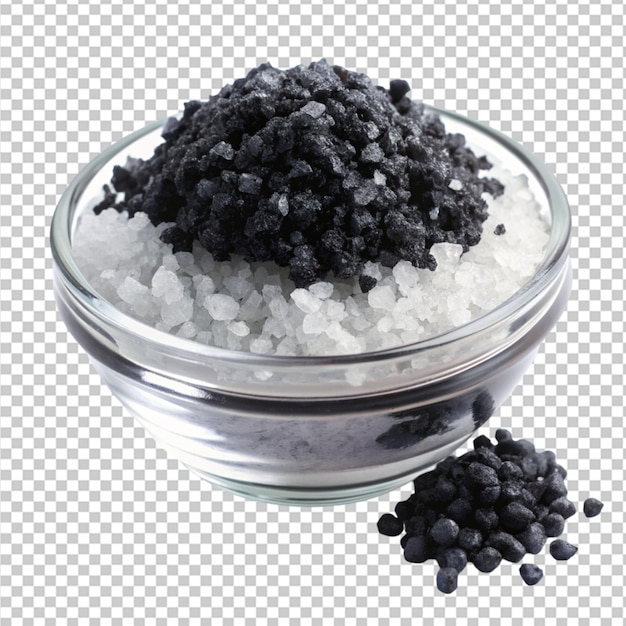 crystal sea salt flakes with squid ink on transparent background