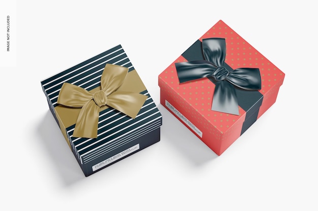 Cube Gift Boxes with Fabric Ribbon Mockup, Top View