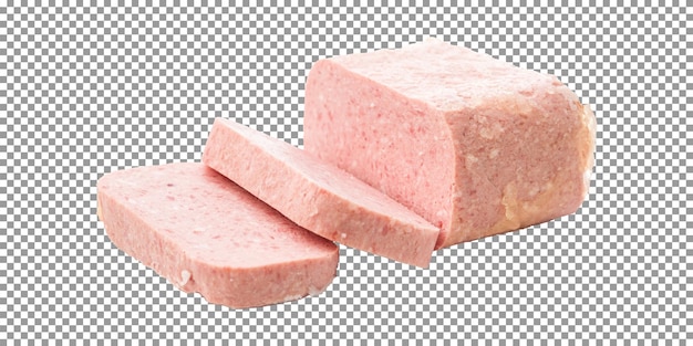 Cube of luncheon meat with slice on transparent background