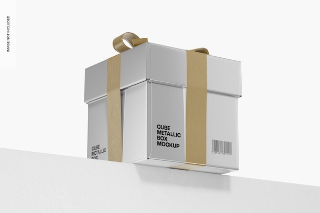 Cube Metallic Box Mockup, Low Angle View