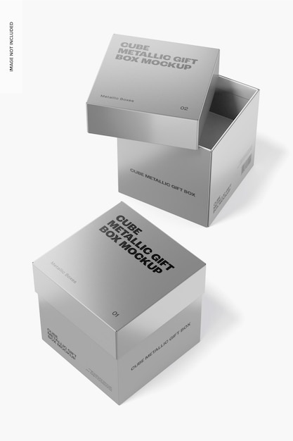 Cube Metallic Gift Boxes Mockup, Perspective 02