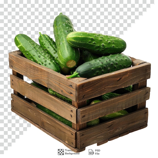 PSD cucumber in a wooden crate transparent background